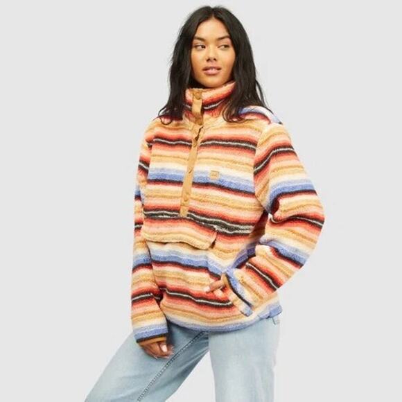 Billabong Switchback Womens Fleece Top Size Small Striped Multicolor Pockets EUC - Picture 7 of 16